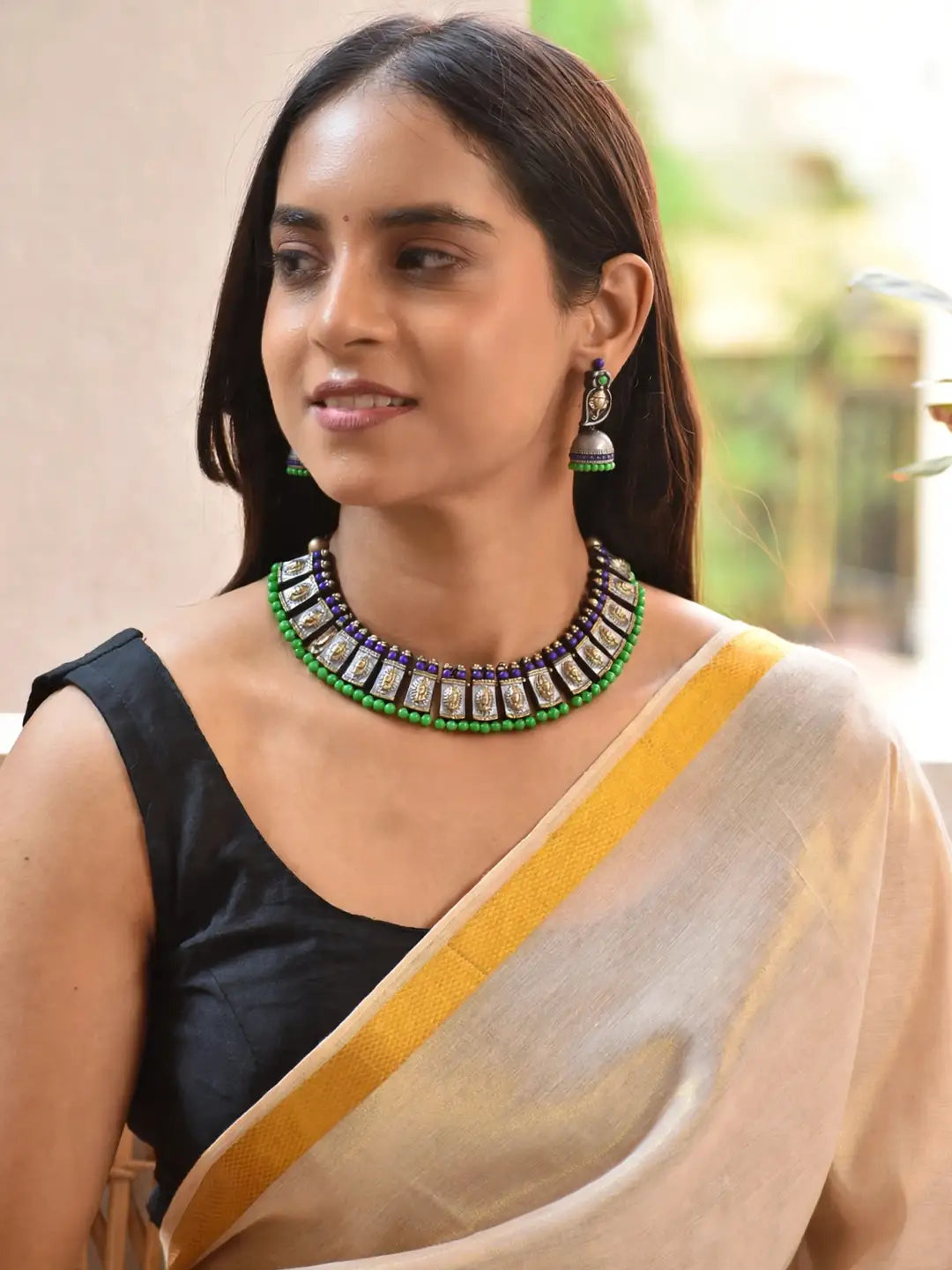 Antique Silver And Gold Toned Ganesha Design Motifs Green And Blue Color Choker Handmade Terracotta Necklace Set