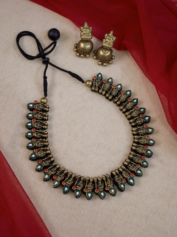 Antique Gold Toned Lakshmi Design And Leaf Design Gold And Green Color Choker Handmade Terracotta Necklace Set