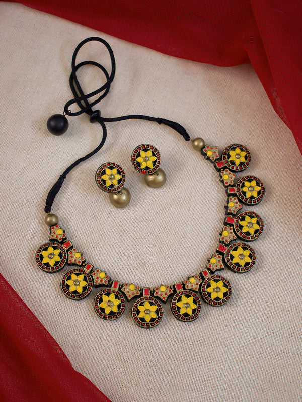 Antique Gold Toned Circular Shape Floral Design Yellow And Red Color Choker Handmade Terracotta Necklace Set