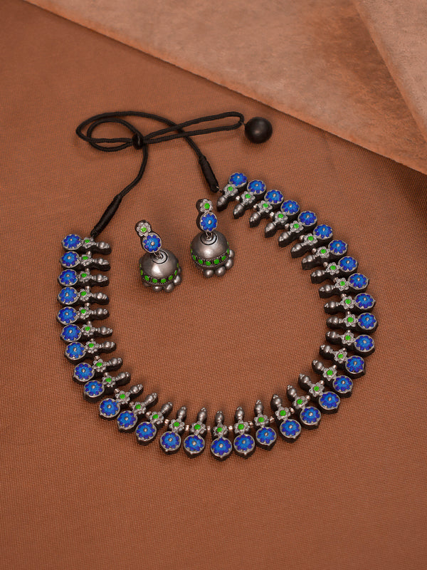 Antique Silver Toned Floral Design Blue Color Choker Handmade Terracotta Necklace Set