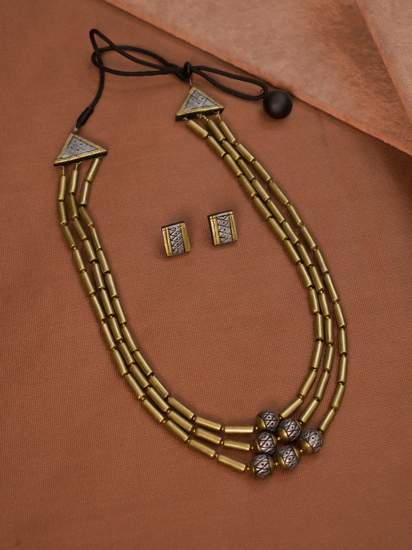 Antique Gold Toned Three Layered Cylindrical Tubes Long Handmade Terracotta Necklace Set