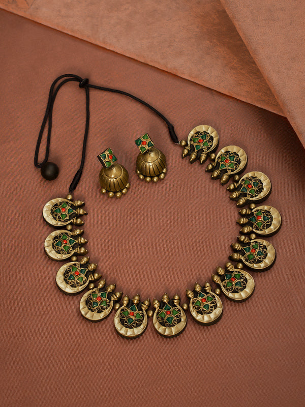 Antique Gold Toned Half Moon Shape Floral Design Red And Green Color Choker Handmade Terracotta Necklace Set