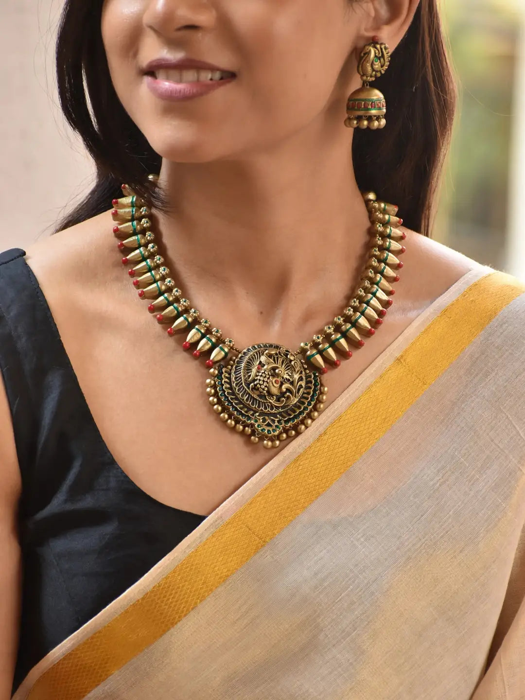 Antique Gold Toned Peacock Design Pendant Red And Green Color Choker Handmade Terracotta Necklace Set
