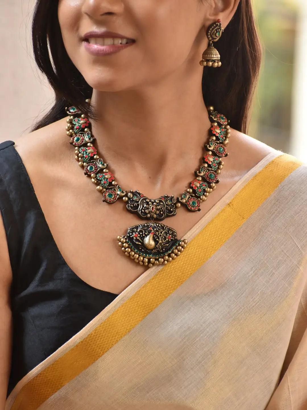Antique Gold Toned Peacock Design Pendant With Circular Shape Motifs Red And Green Color Choker Handmade Terracotta Necklace Set