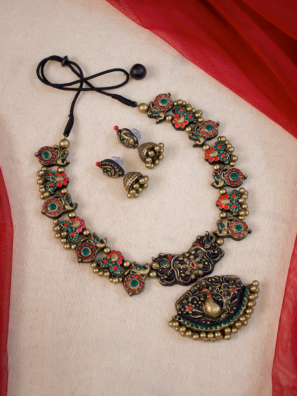 Antique Gold Toned Peacock Design Pendant With Circular Shape Motifs Red And Green Color Choker Handmade Terracotta Necklace Set