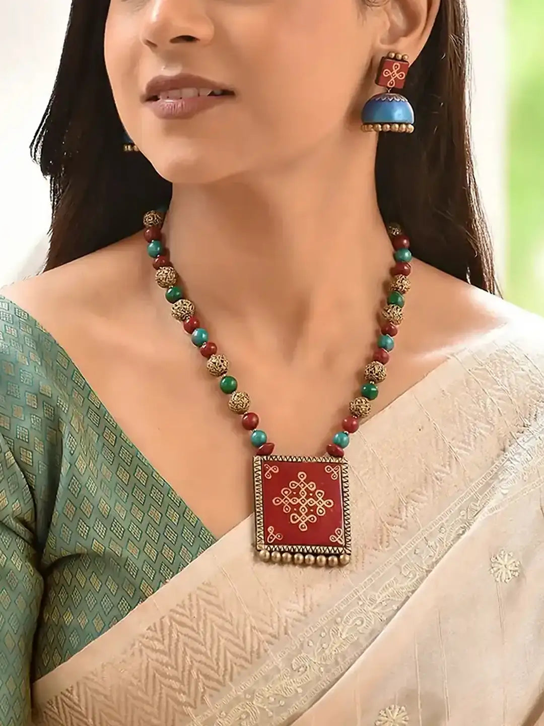 Mandala Design Hand Painted Square Design Terracotta Jewellery Set