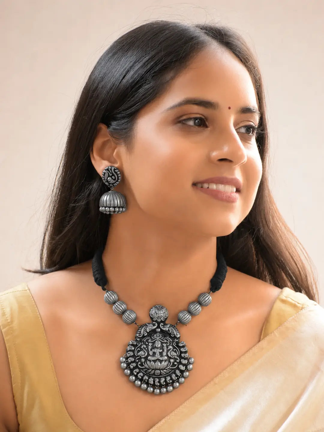 Rajatanmayi — Designer Handmade Antique Silver Color Peacock Design Jhumka Earring With Lakshmi Design Pendant Choker Handmade Terracotta Necklace Set