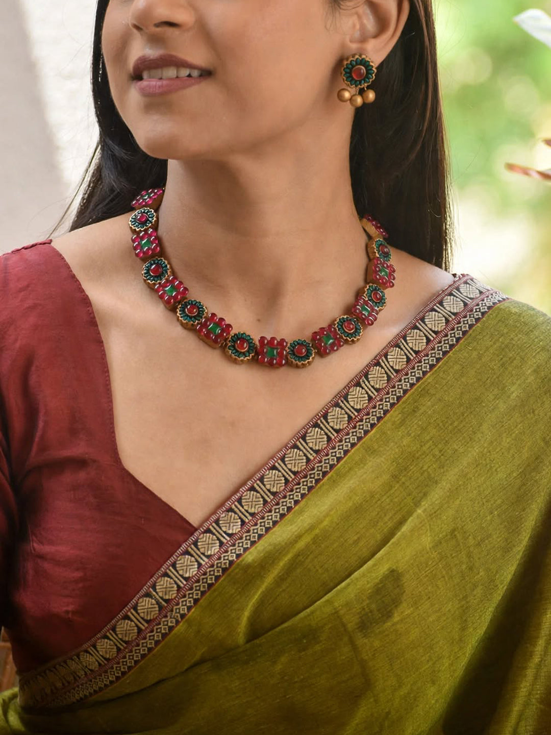 Flower Design Hand Painted Finish Terracotta Jewellery Set