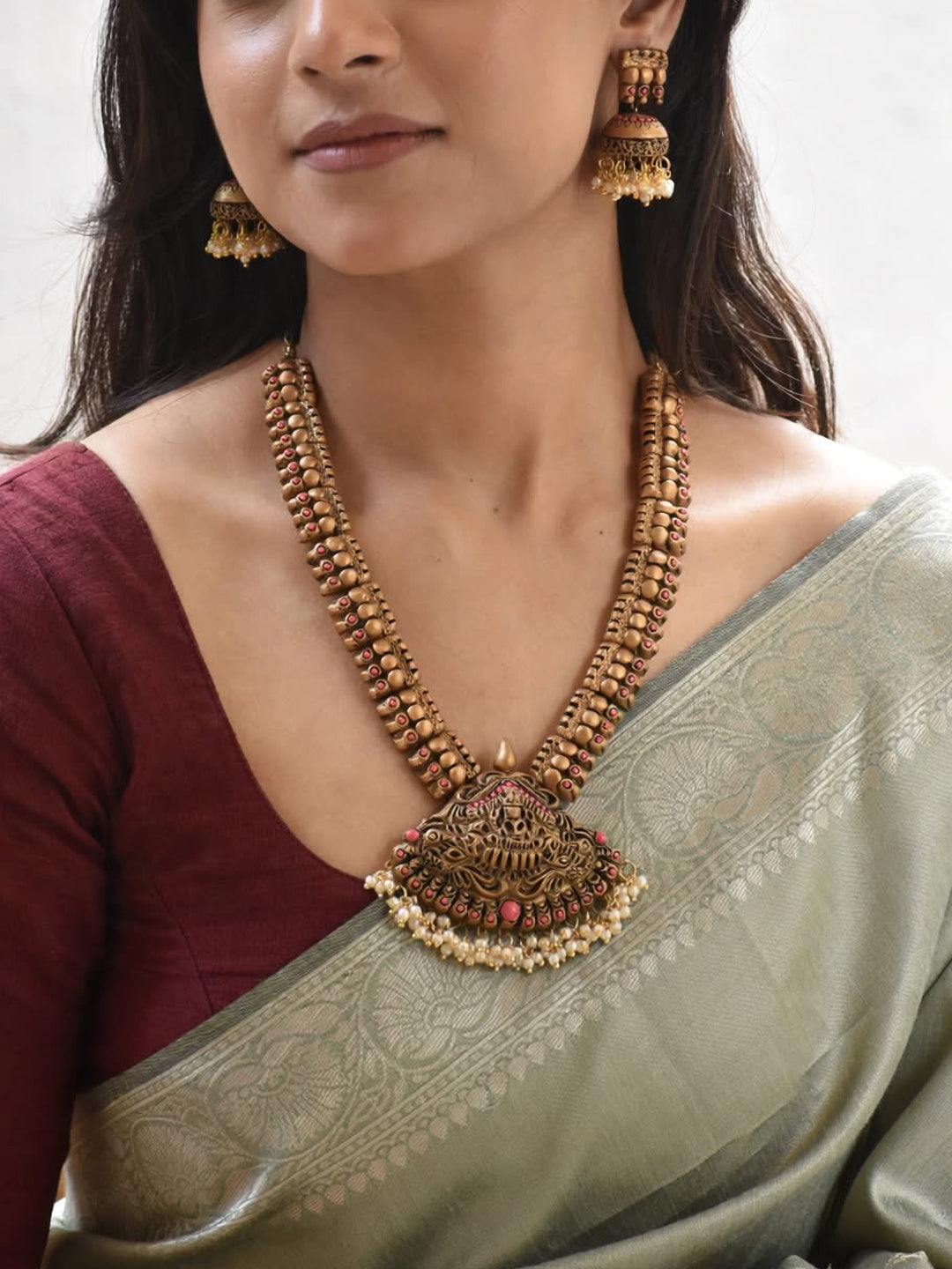 Lakshmi Durga Design Antique Gold Pink Short Length Handmade Terracotta Necklace Set