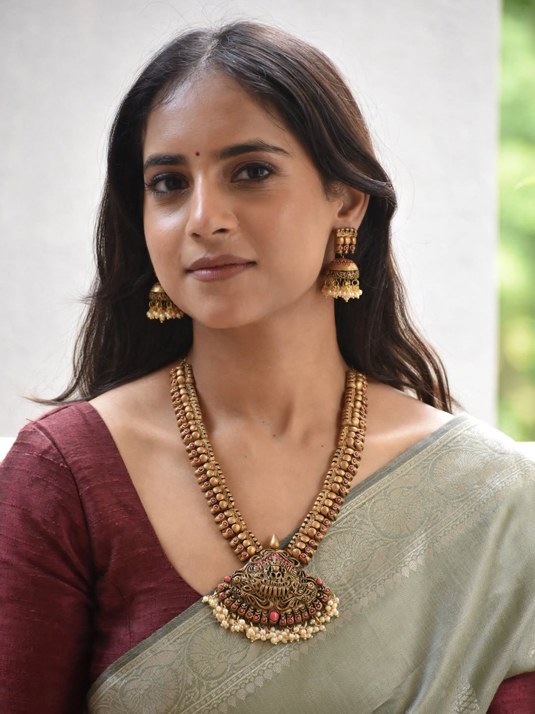 Lakshmi Durga Design Antique Gold Pink Short Length Handmade Terracotta Necklace Set