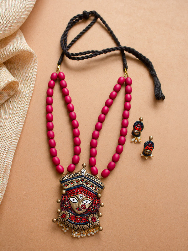 Durga Design Antique Bronze Maroon Dark Green Orange Temple Handmade Terracotta  Necklace Set