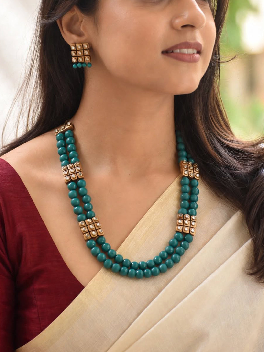 Teal and Gold Two Layered Kundan Stone Rani Haar Handmade Terracotta Necklace Set
