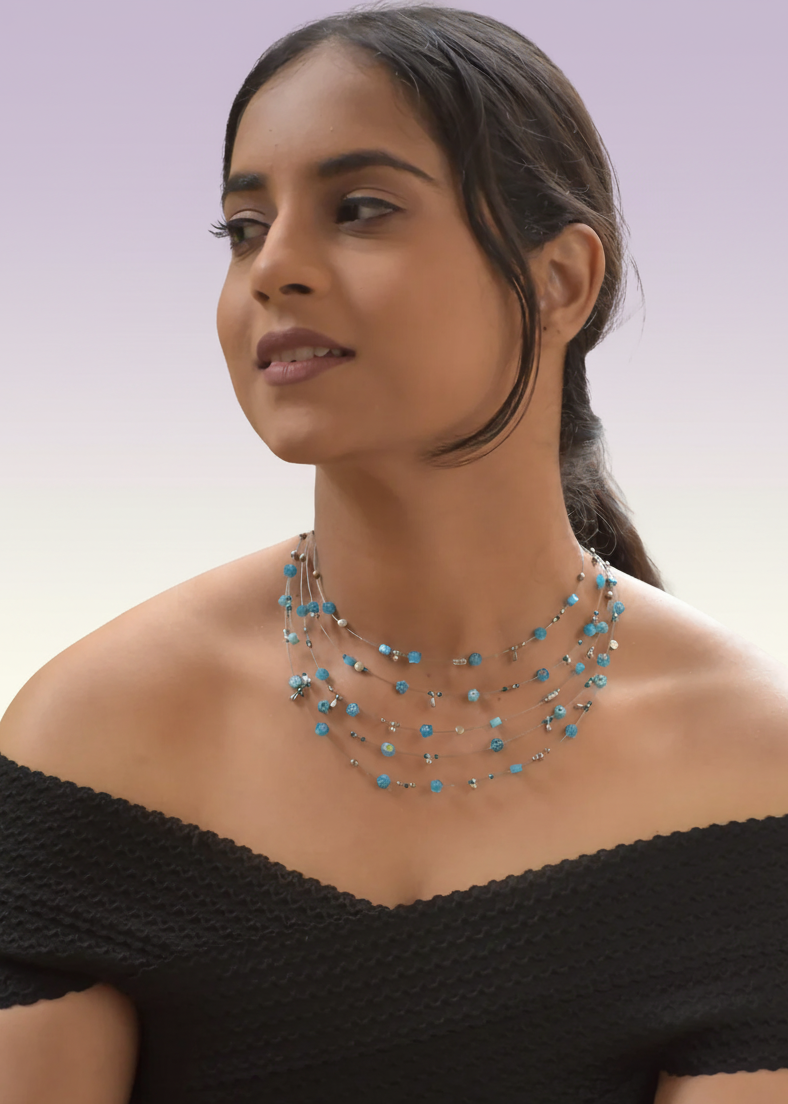 AzureBloom – Multi-Layer Blue Floral Beaded Necklace Set with German Silver Accents, Boho Chic Statement Jewelry