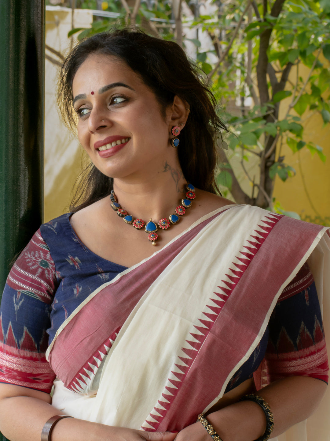 Floral Blue & Coral Handmade Terracotta Necklace Set