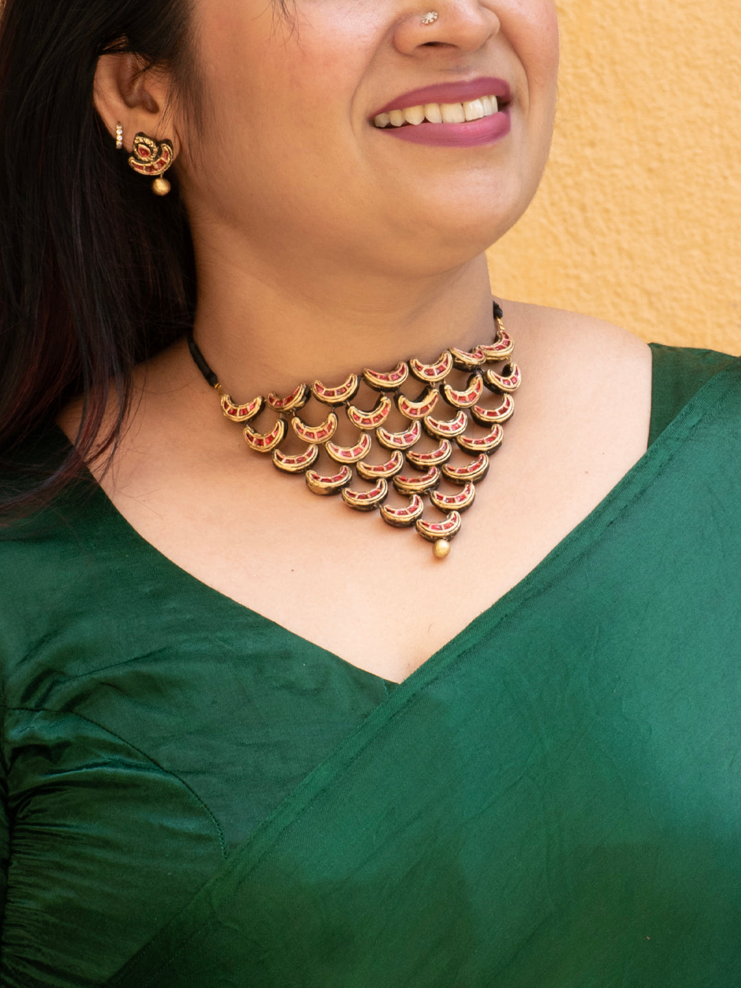 Antique Gold Crescent Motif Red Terracotta Necklace Set