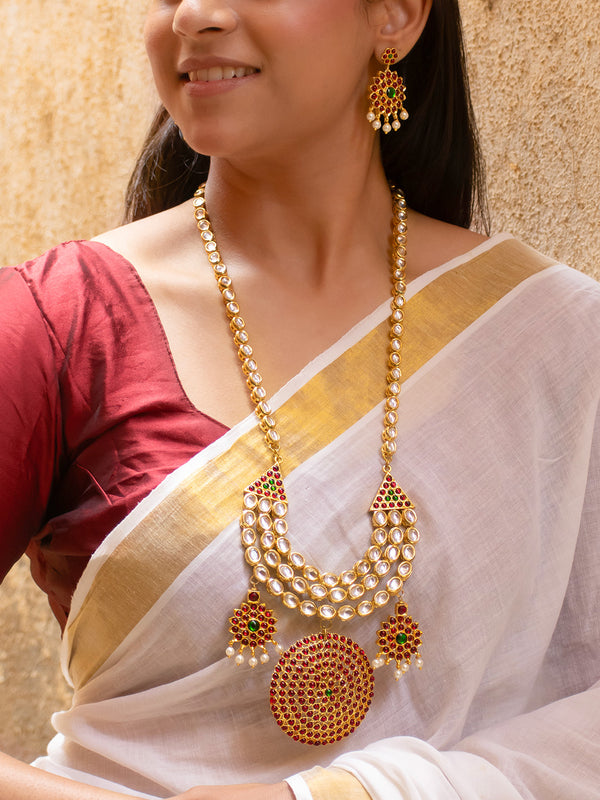 Premium Gold Finish Red Green and Kemp Stone Temple Necklace Set with Kundan Stone