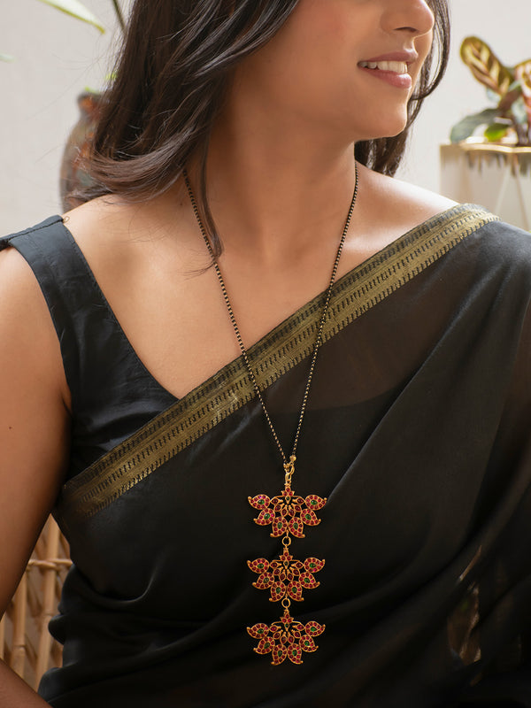 Premium Gold Finish Red and Green Kemp Stone Temple Necklace with Mangalsutra Chain