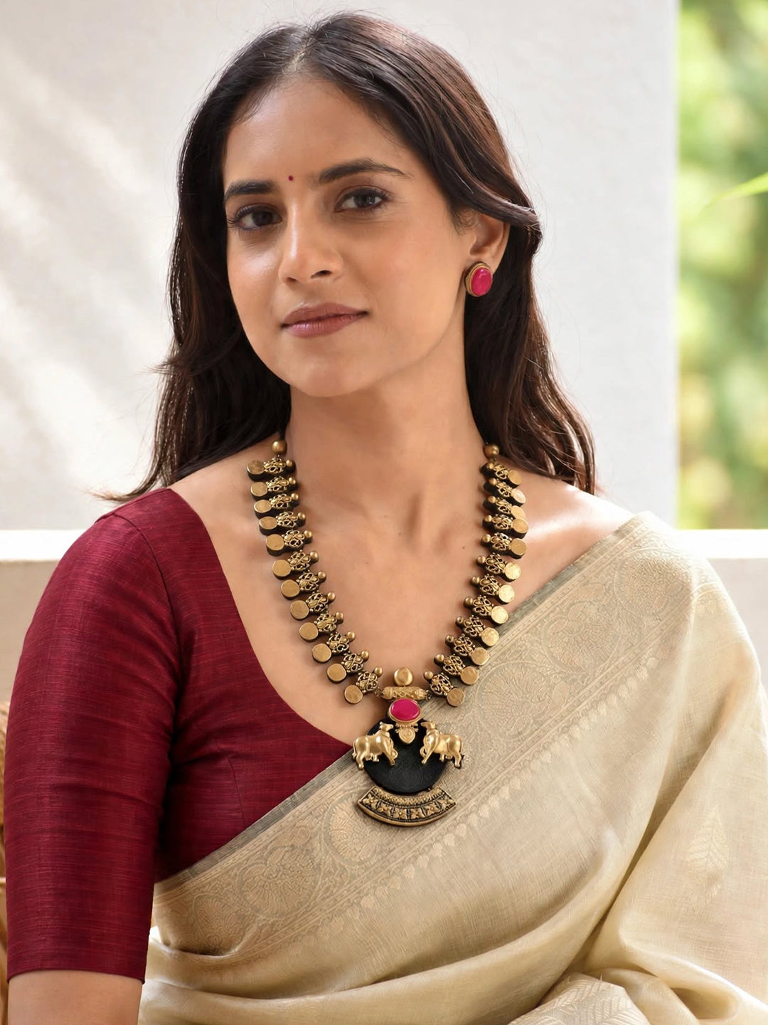 Kamadhenu 🐮 – Black & Pink Twin Cow Statement Pendant Necklace Set