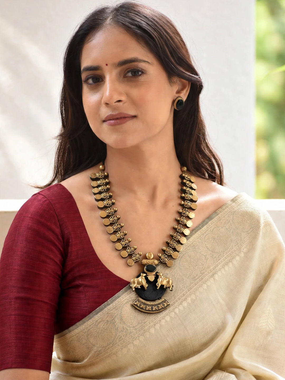 Kamadhenu 🐮 – Gold & Black Twin Cow Statement Pendant Necklace Set