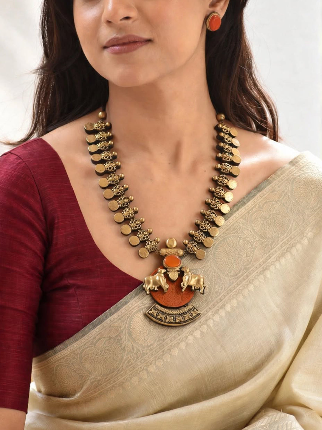 Kamadhenu 🐮 – Gold & Orange Twin Cow Statement Pendant Necklace Set