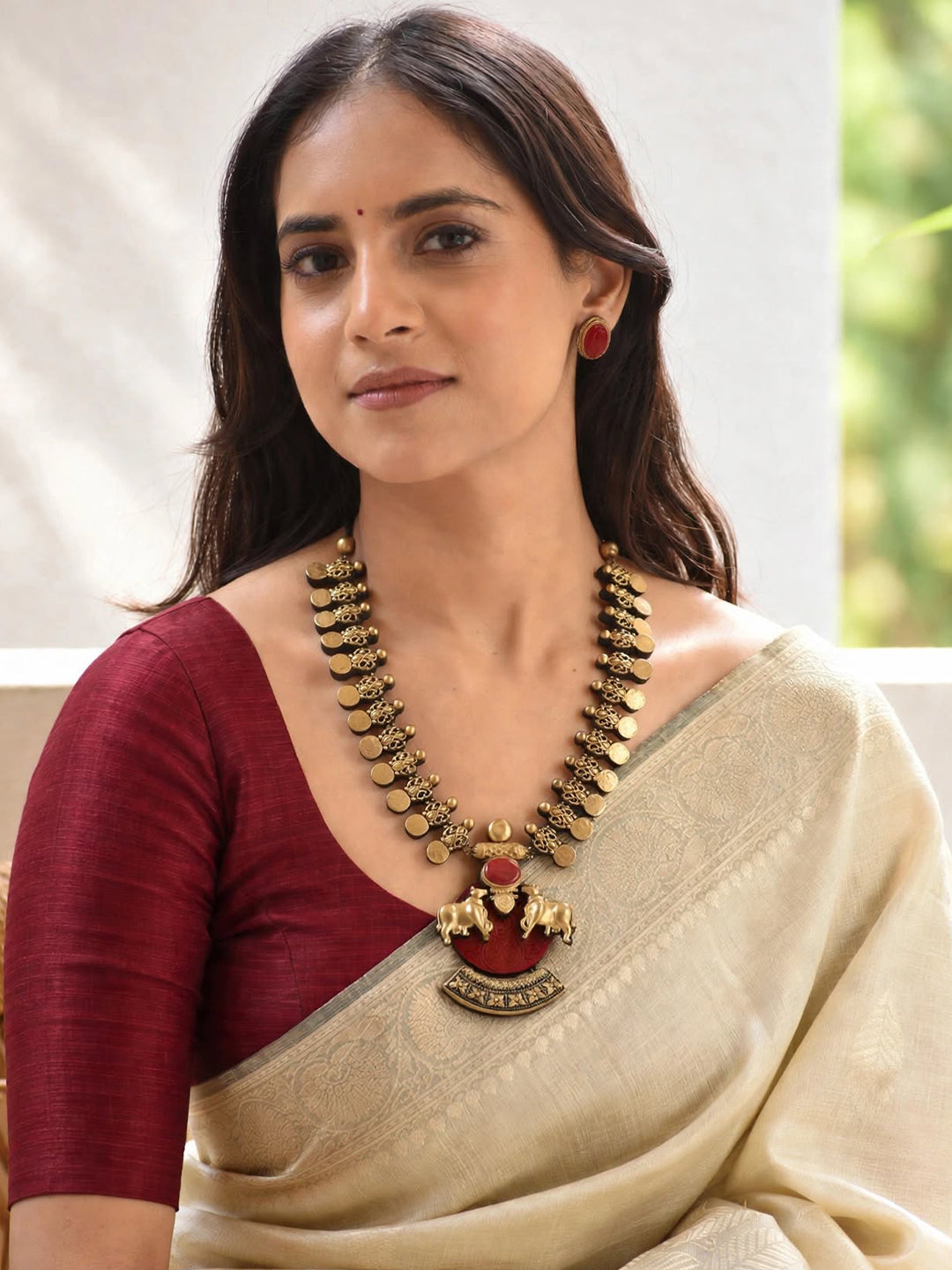 Kamadhenu 🐮 – Gold & Red Twin Cow Statement Pendant Necklace Set