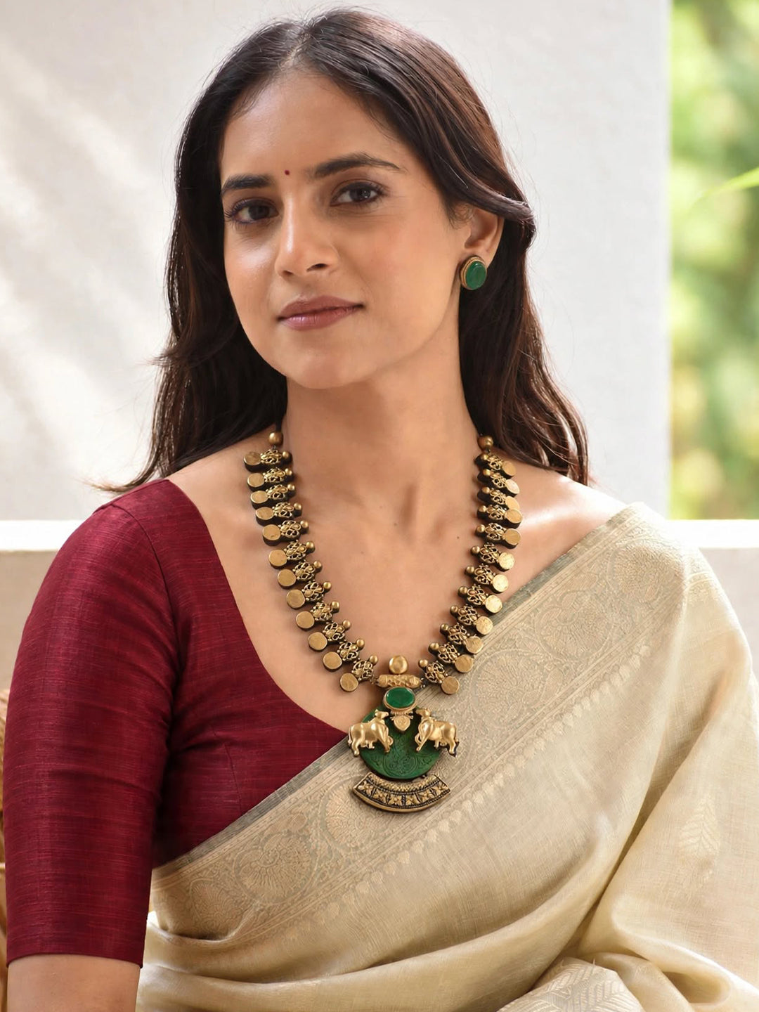 Kamadhenu 🐮 – Gold & Green Twin Cow Statement Pendant Necklace Set