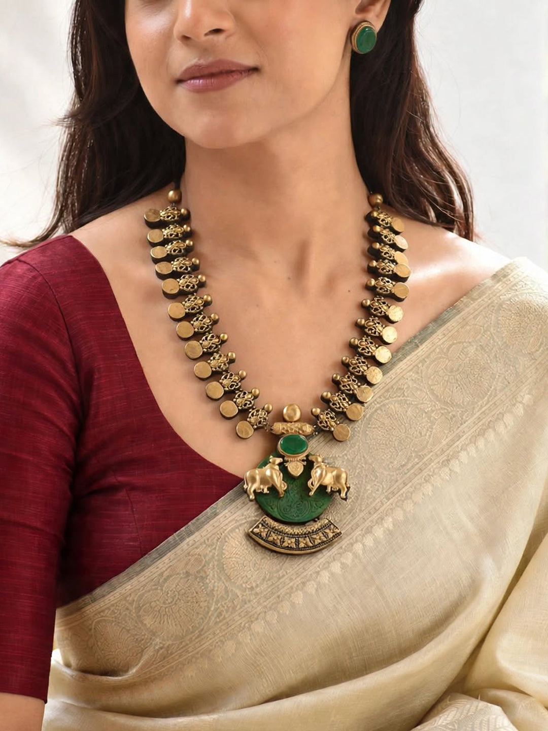 Kamadhenu 🐮 – Gold & Green Twin Cow Statement Pendant Necklace Set