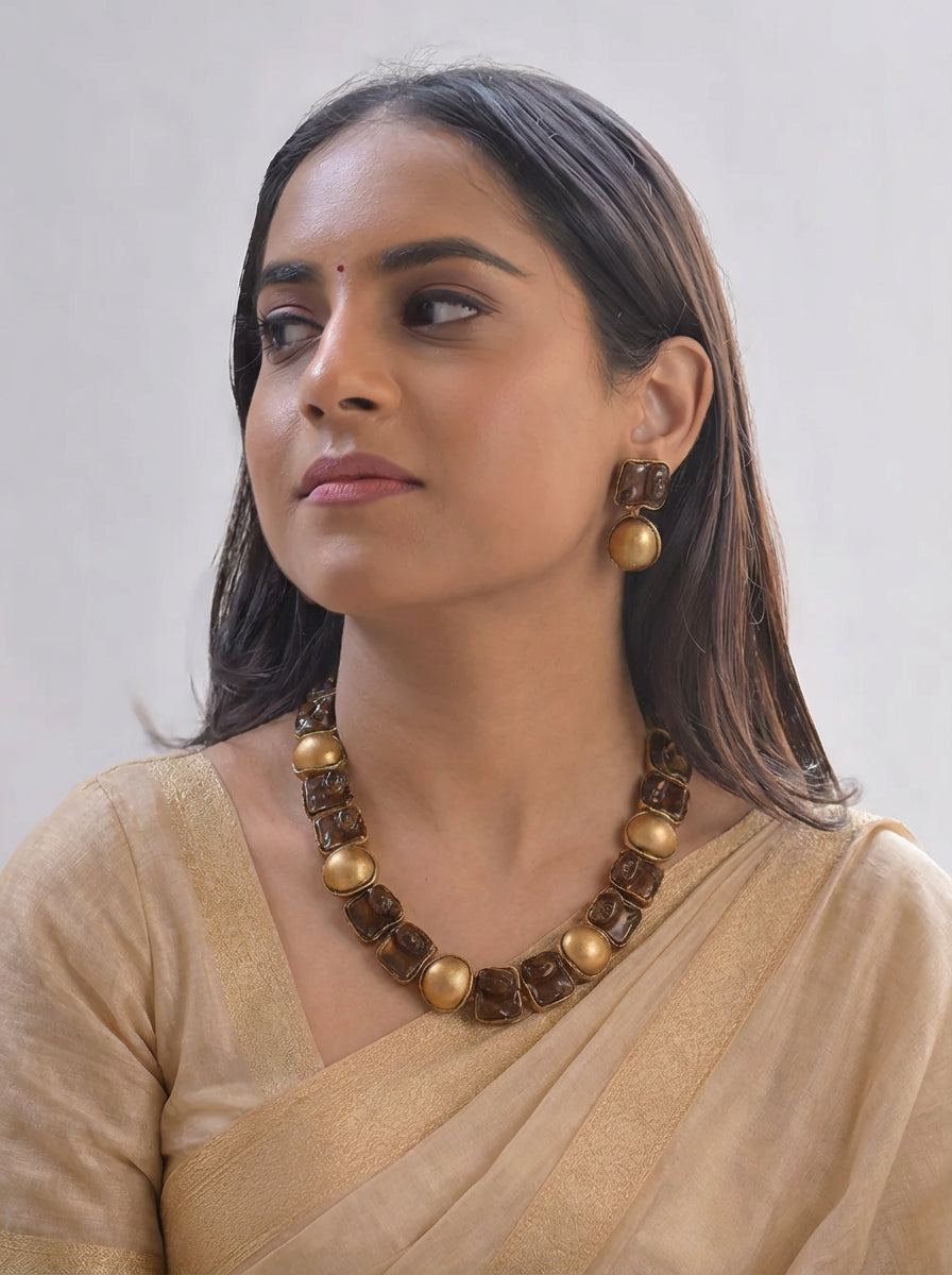 Mocha Muse — Terracotta Glossy "Mocha Mousse" Color Of The Year 2025 — Imitation Pearl with Earrings