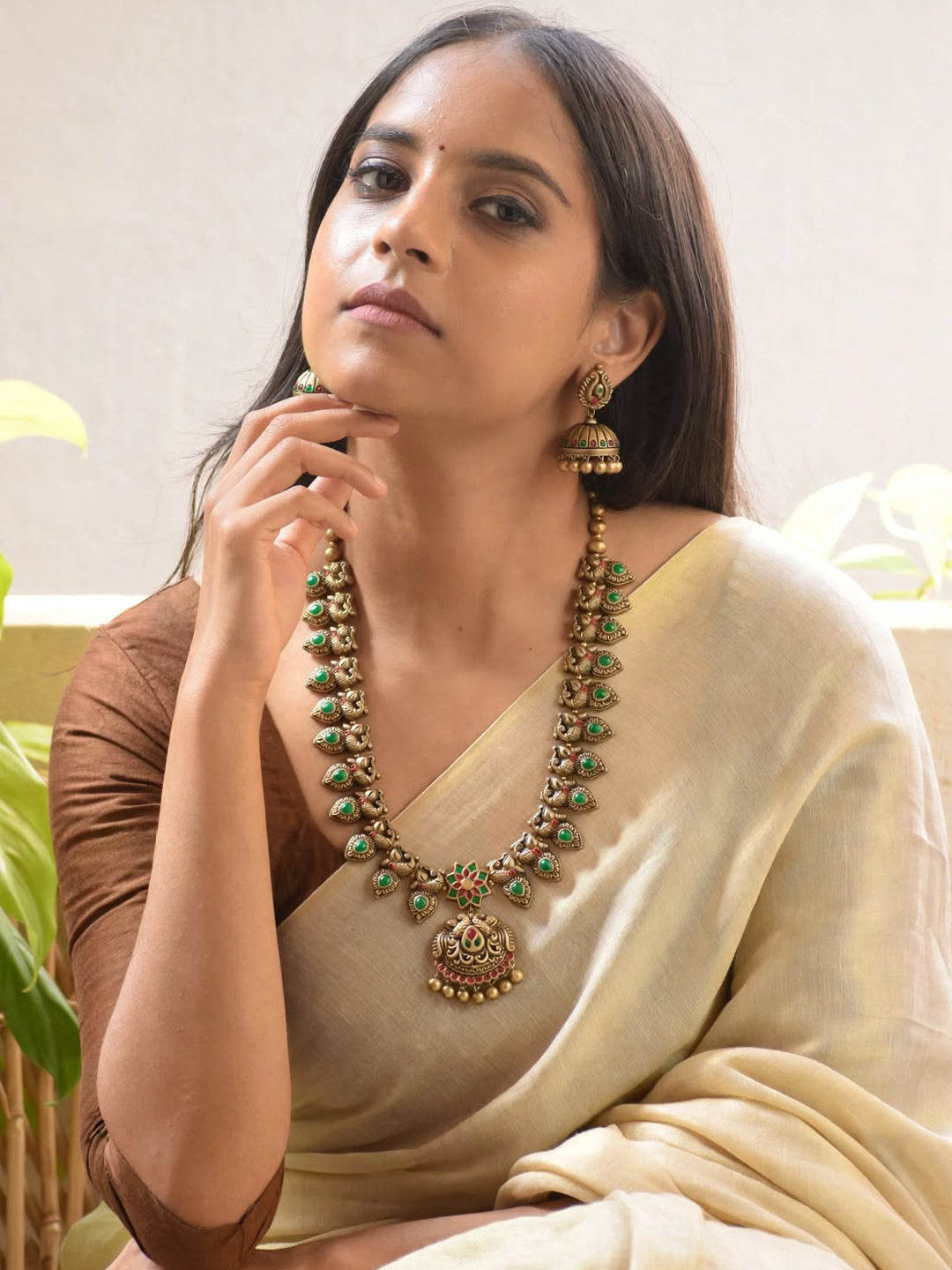 Haritha – Handmade Green Antique Gold Peacock Pendant Temple Necklace Set