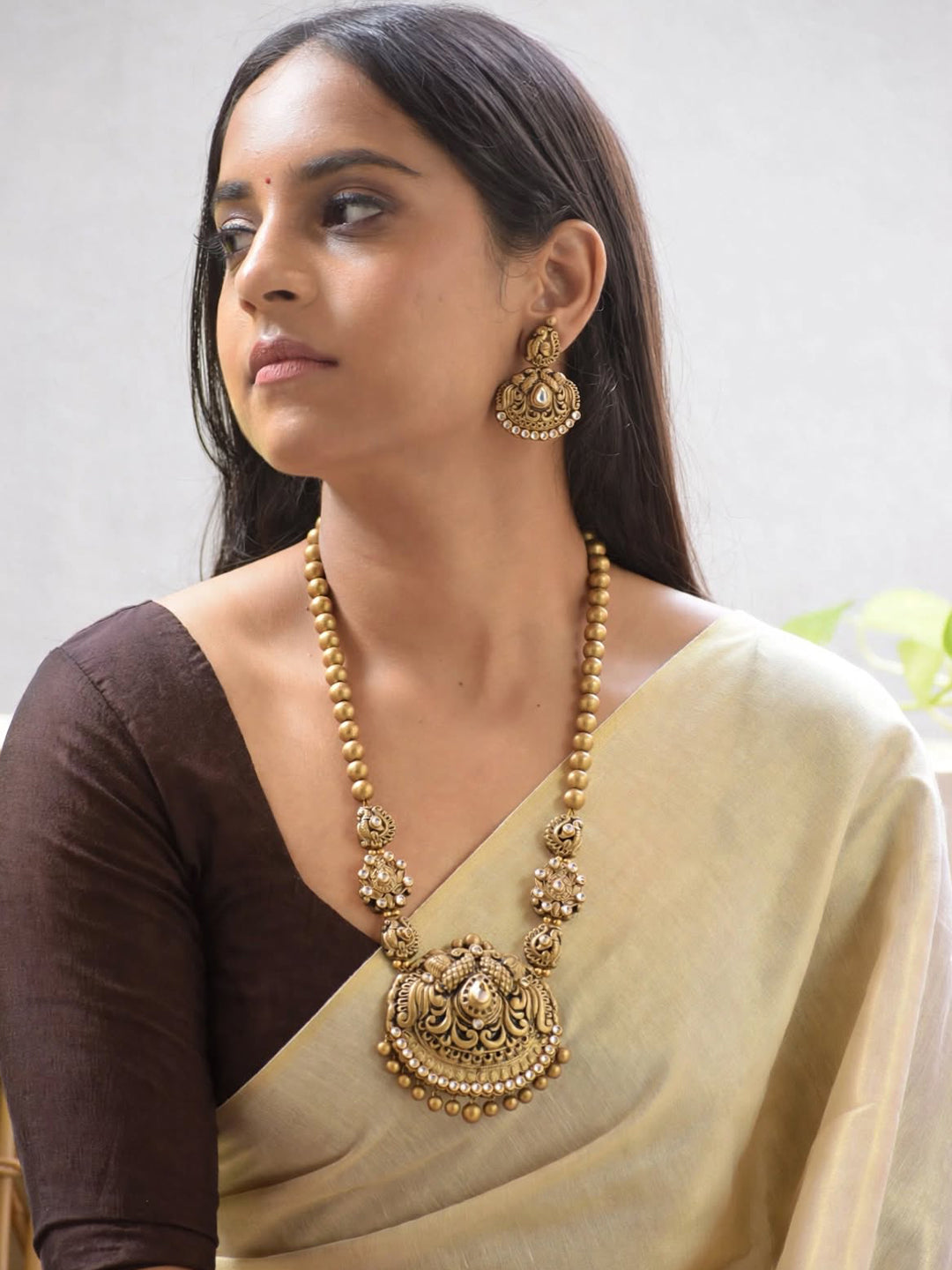 Vaibhavi – Handmade Antique Gold Peacock Pendant Long Necklace Set