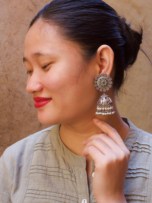 Silver Plated Peacock Design Maroon And Green Color Artificial Stone With Hanging White Pearls Jhumka Earring