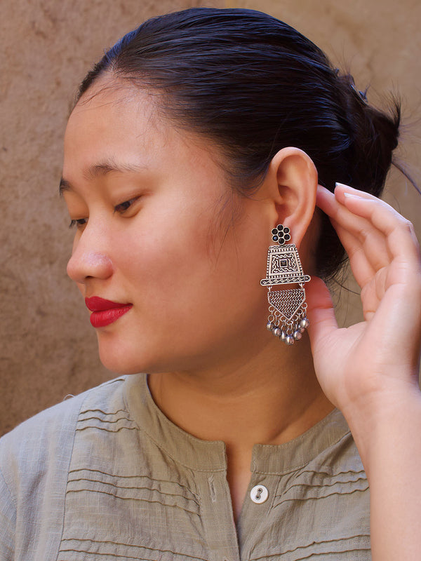 Silver Plated Square Design Black Color Artificial Stone With Hanging Silver Beads Dangler Earring