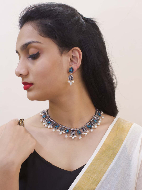 Silver Plated Lakshmi Design Coins Skyblue Color Stone With Hanging White Pearls Necklace Set For Women