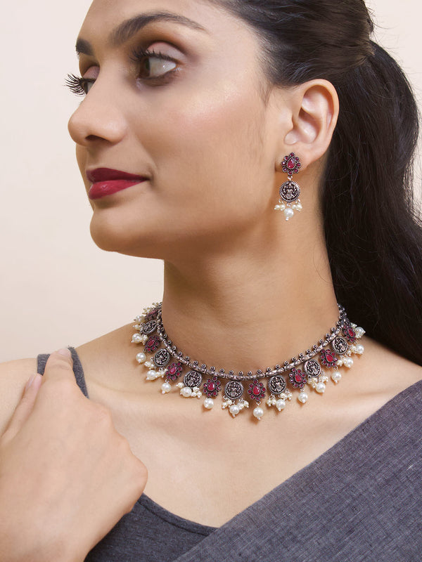 Silver Plated Lakshmi Coin Design And Pink Color Floral Design Stones With Pearl Droppings Choker Necklace Set