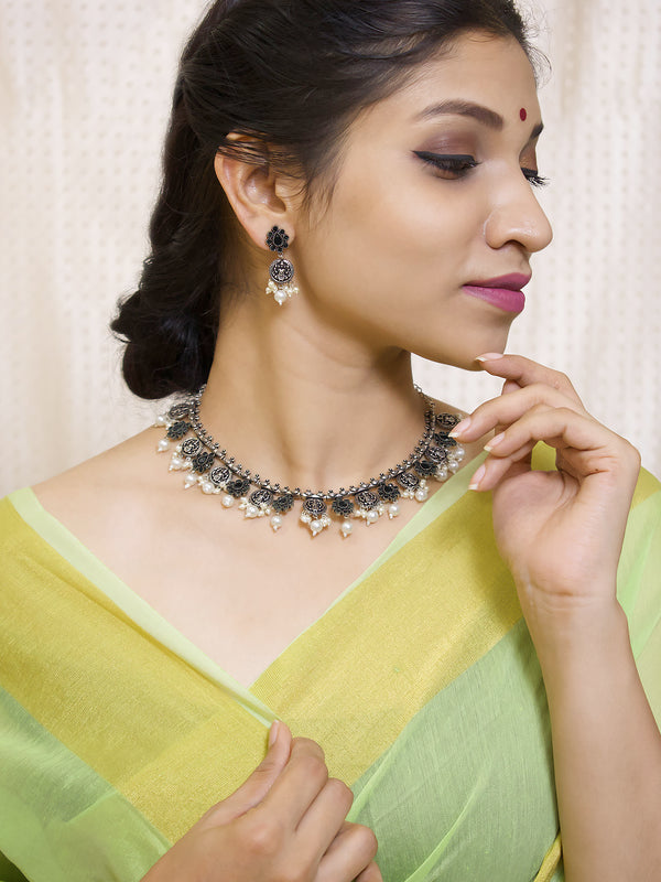 Silver Plated Lakshmi Coin Design And Black Color Floral Design Stones With Pearl Droppings Choker Necklace Set