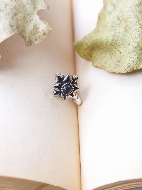 Silver Plated Flower Design Black Color Stone Clip On Nose Pin