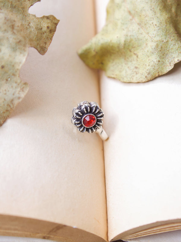 Silver Plated Flower Design Red Color Stone Clip On Nose Pin