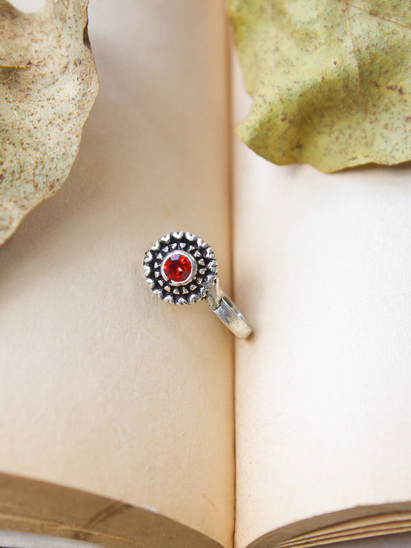 Silver Plated Flower Design Red Color Stone Clip On Nose Pin