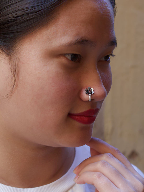 German Silver Plated Flower Design Pink Color Stone Clip On Nose Pin