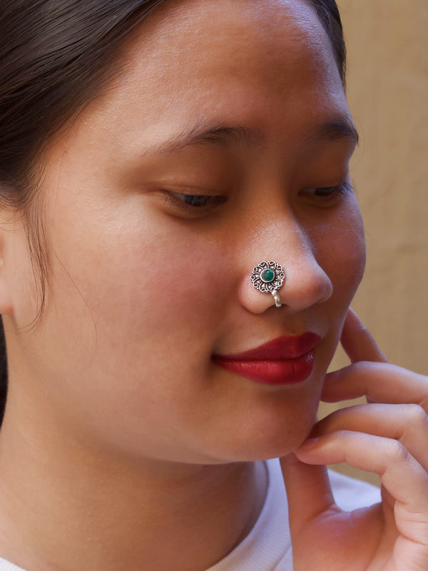 German Silver Plated Flower Design Green Color Stone Clip On Nose Pin