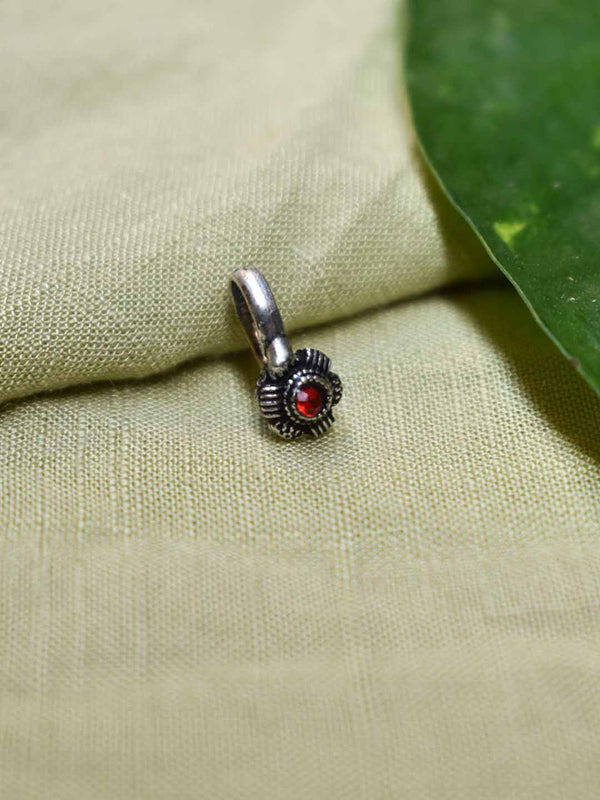 Silver Plated Floral Design With Red Color Stone Clip On Nose Pin