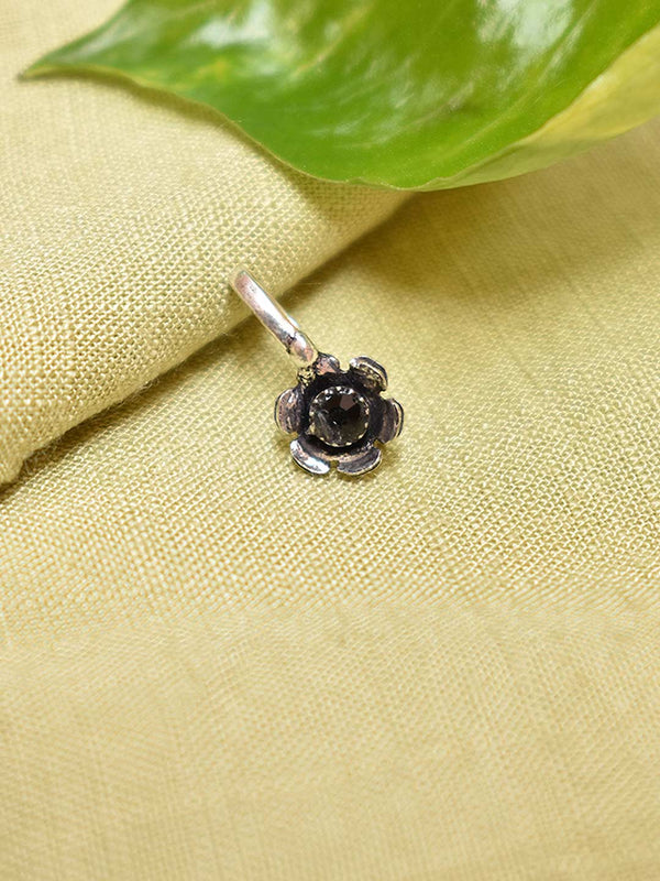 Silver Plated Floral Design With Black Color Stone Clip On Nose Pin