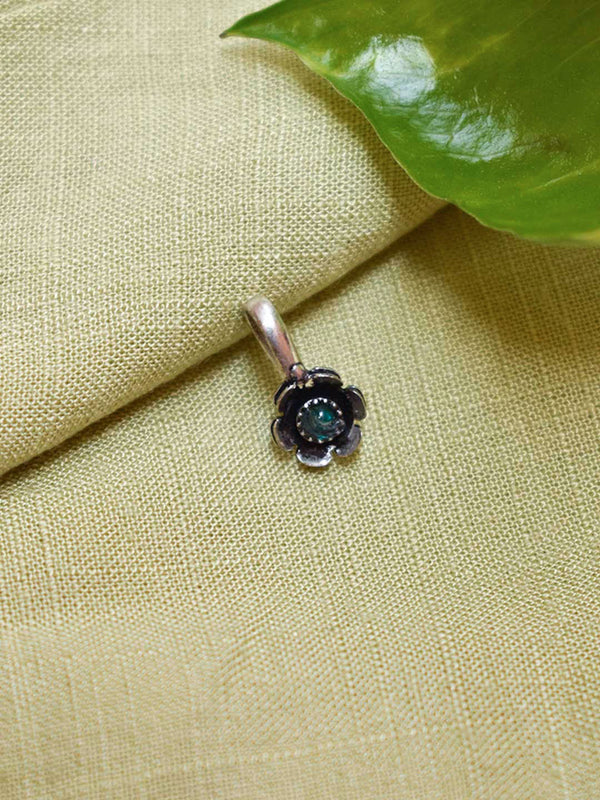 Silver Plated Floral Design With Green Color Stone Clip On Nose Pin