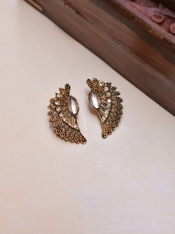 Gold Plated Feather Design With White Color Plastic Stone Stud Earring