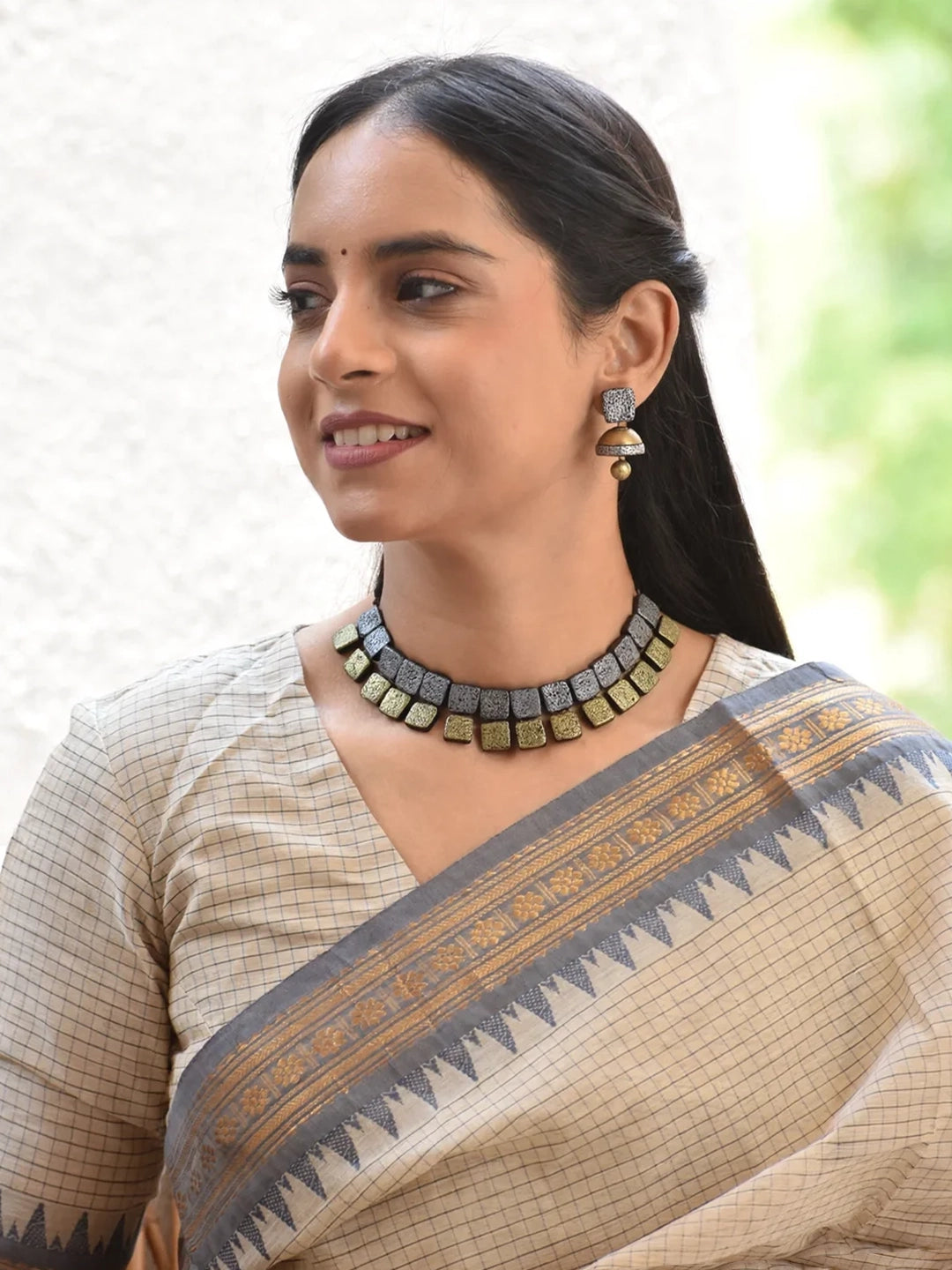 Dual Tone Silver & Gold Geometric Choker Necklace Set