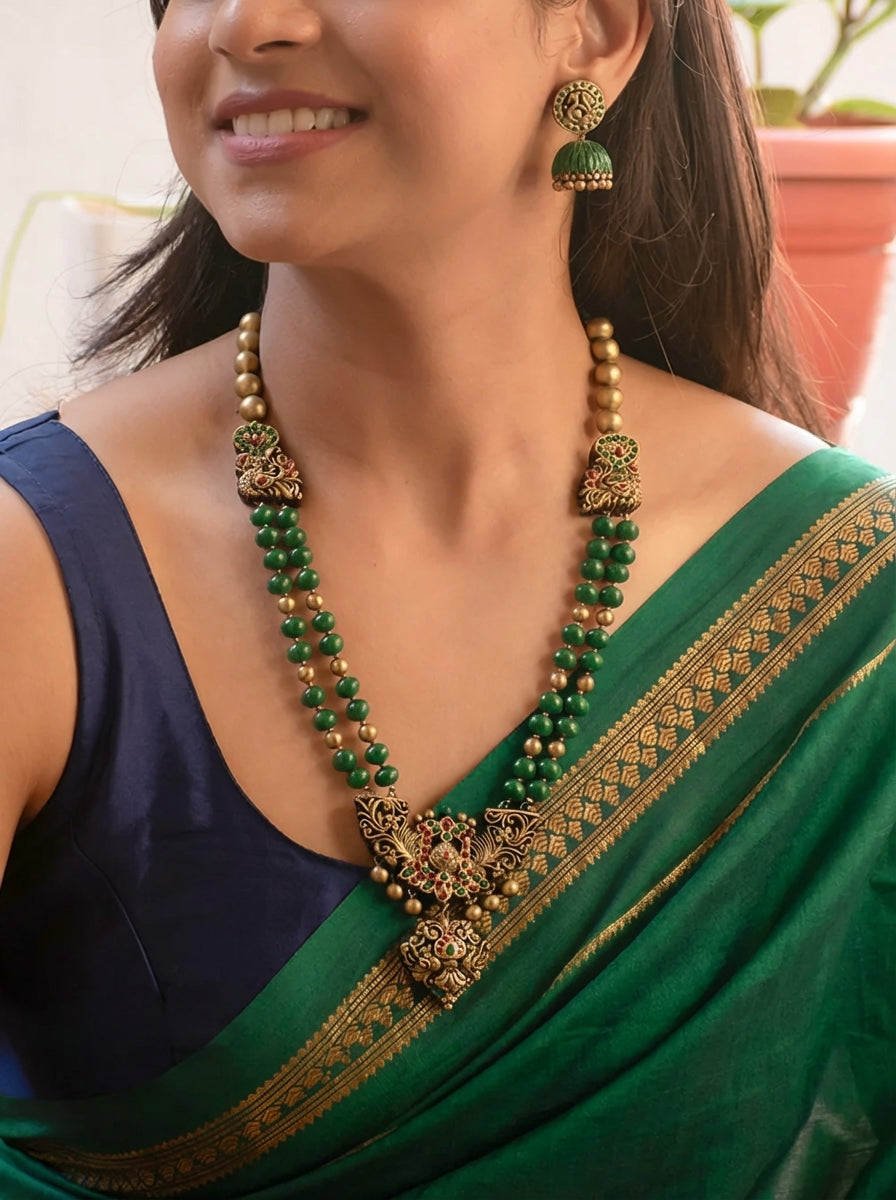 Roohani Priya 💚 — Antique Gold and Maroon Peacock Design Handmade Terracotta Necklace Set