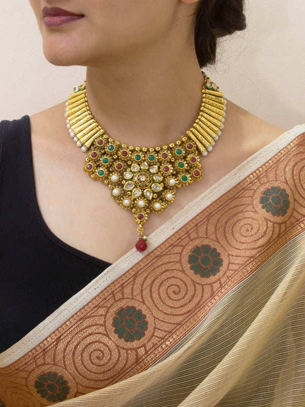 Gold Plated Fringe Design with Pearl Beads and Kundan Stone Jadau Necklace