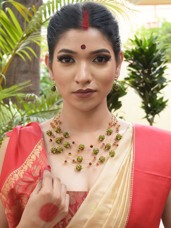 High Quality Gold Plated Multilayered Rudraksha Design Motifs Green And Maroon Color Kemp Stones Necklace Set