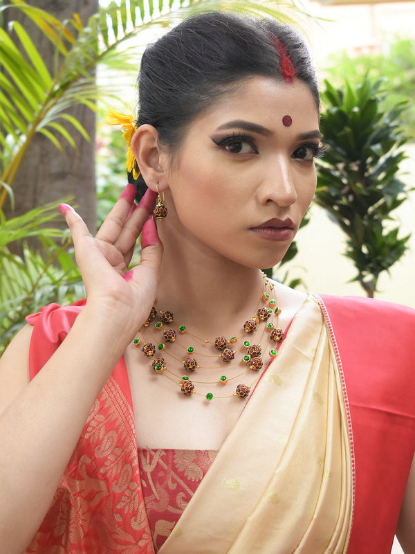 High Quality Gold Plated Multilayered Rudraksha Design Motifs Maroon And Green Color Kemp Stones Necklace Set