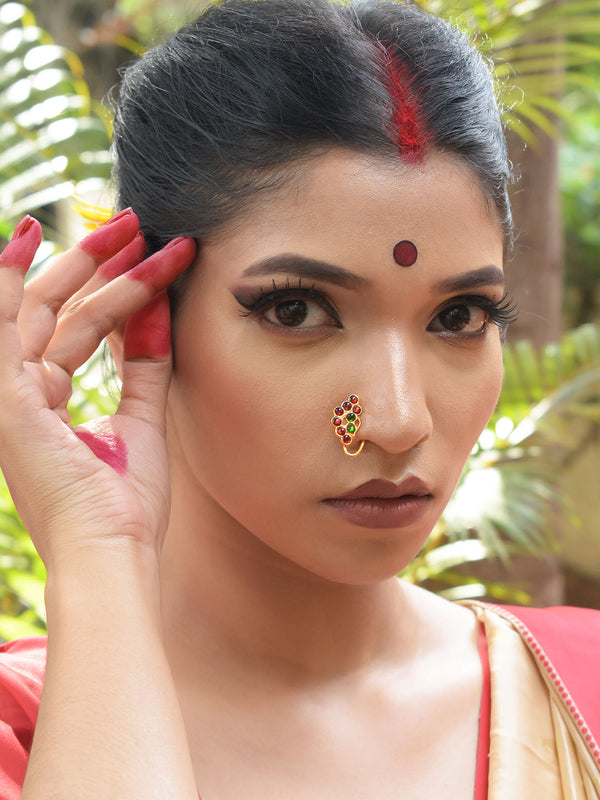 High Quality Gold Plated Geometric Design Red And Green Color Kemp Stones Maharashtrian Clip On Nose Pin